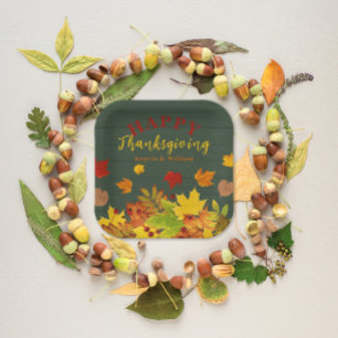 Happy Thanksgiving Fall Colourful Foliage On Wood Paper Plate