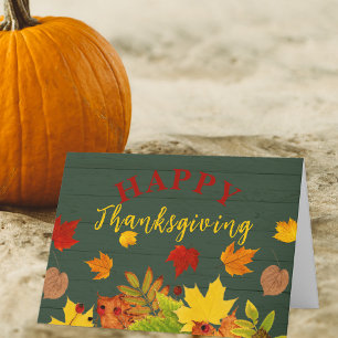 Happy Thanksgiving Fall Colourful Foliage On Wood Thank You Card
