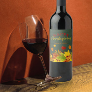 Happy Thanksgiving Fall Colourful Foliage On Wood Wine Label