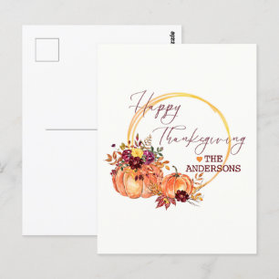 Happy Thanksgiving Fall floral pumpkin and leaves Postcard