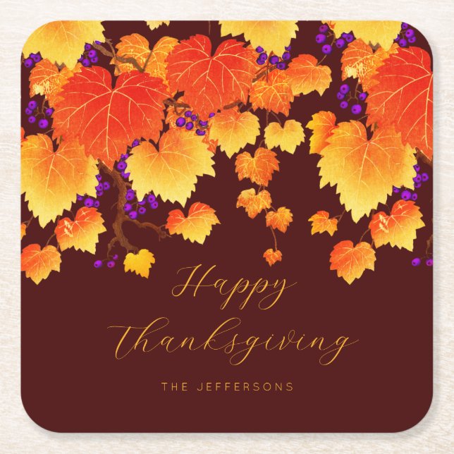 Happy Thanksgiving Fall Foliage Orange Gold Leaves Square Paper Coaster (Front)