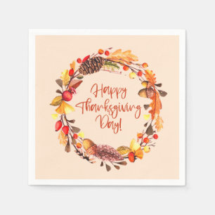 Happy Thanksgiving Fall Foliage Wreath Party Decor Napkin