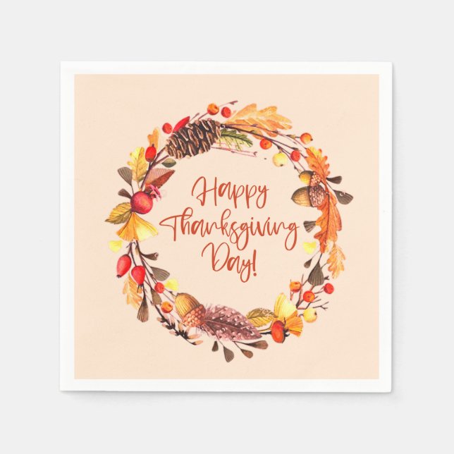 Happy Thanksgiving Fall Foliage Wreath Party Decor Napkin (Front)