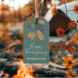 Happy Thanksgiving Fall Folk Greenery Brown Gift Tags