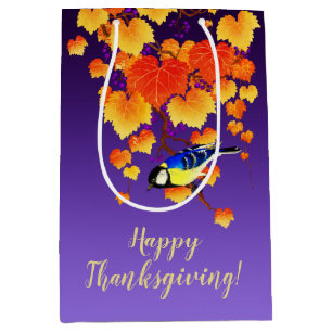 Happy Thanksgiving Fall Grape Vine Great Tit Bird Medium Gift Bag