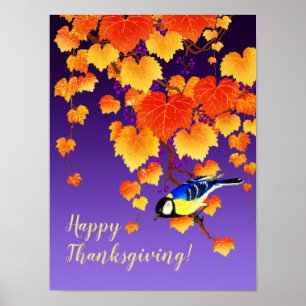 Happy Thanksgiving Fall Grape Vine Great Tit Bird Poster