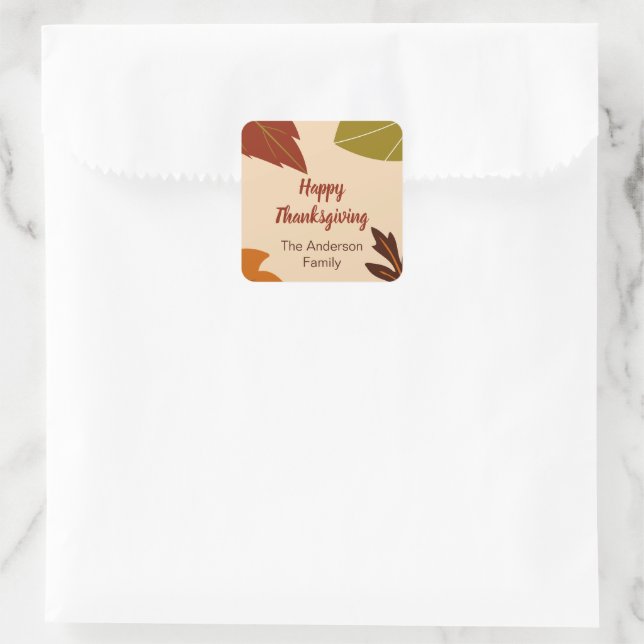 Happy Thanksgiving Fall Leaves and Your Name Square Sticker (Bag)