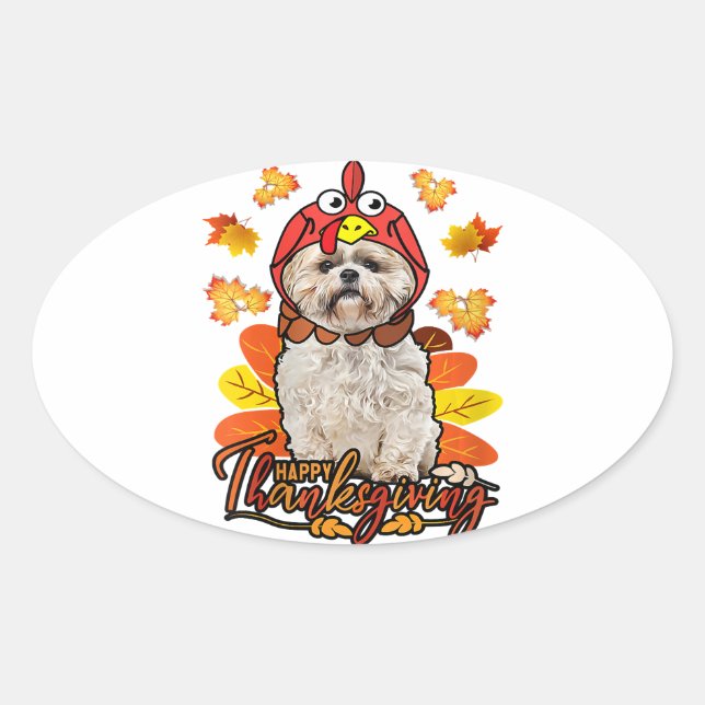 Happy Thanksgiving Fall Leaves Autumn Shih Tzu Oval Sticker (Front)
