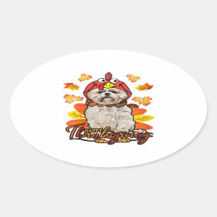 Happy Thanksgiving Fall Leaves Autumn Shih Tzu Oval Sticker