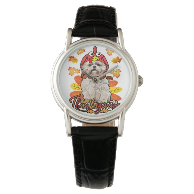 Happy Thanksgiving Fall Leaves Autumn Shih Tzu Watch (Front)