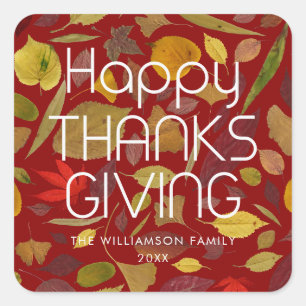 Happy Thanksgiving Fall Leaves Rust Red Burgundy Square Sticker