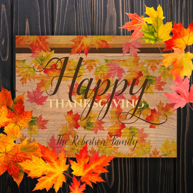 Happy Thanksgiving Fall Maple Leaves On Barn Wood Postcard (Creator Uploaded)