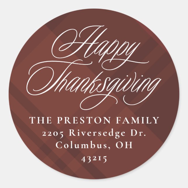 Happy Thanksgiving fall plaid return address Classic Round Sticker (Front)