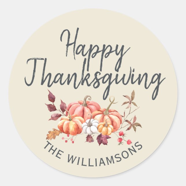 Happy Thanksgiving Fall Pumpkin Antique White Classic Round Sticker (Front)