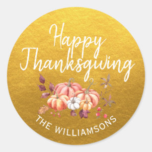 Happy Thanksgiving Fall Pumpkin Classic Gold Round Sticker