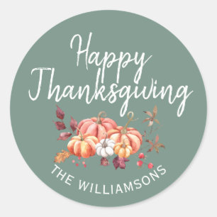 Happy Thanksgiving Fall Pumpkin Dusty Green Classic Round Sticker