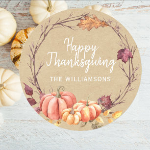 Happy Thanksgiving Fall Pumpkin Kraft Paper Classic Round Sticker
