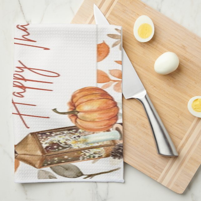 Happy Thanksgiving Fall Pumpkin & Turkey  Tea Towel (Quarter Fold)
