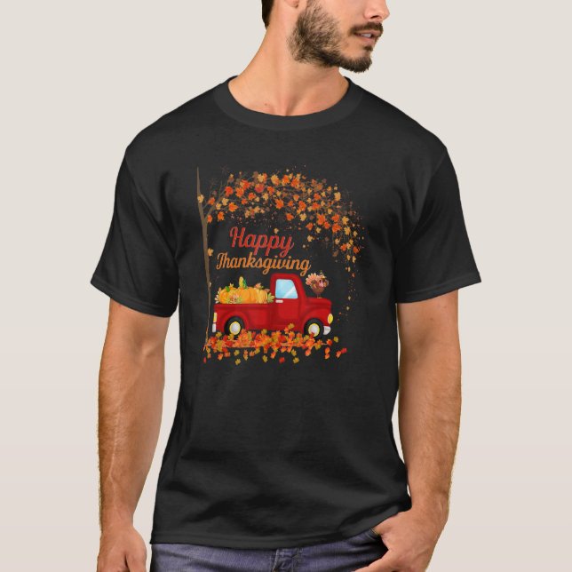 Happy Thanksgiving Fall Red Truck Fall Leaves Pump T-Shirt (Front)
