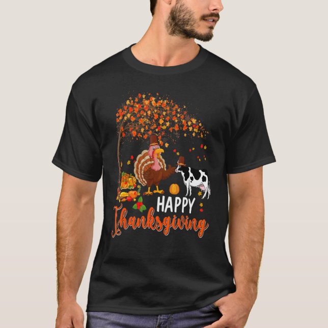 Happy Thanksgiving Fall Tree Turkey With Cow Weari T-Shirt (Front)