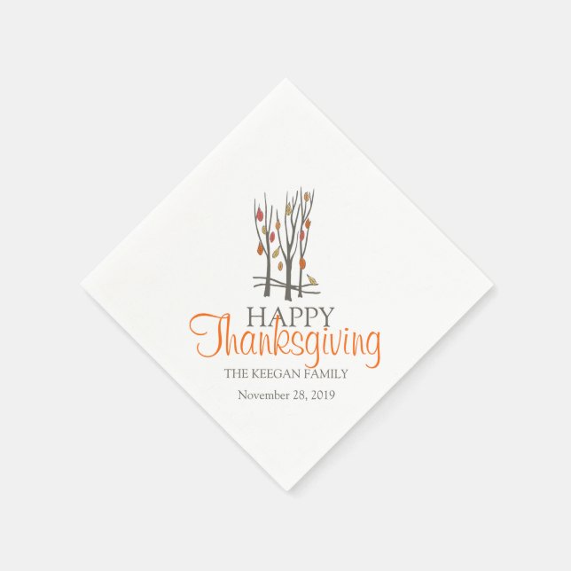 Happy thanksgiving fall trees orange grey napkins (Corner)