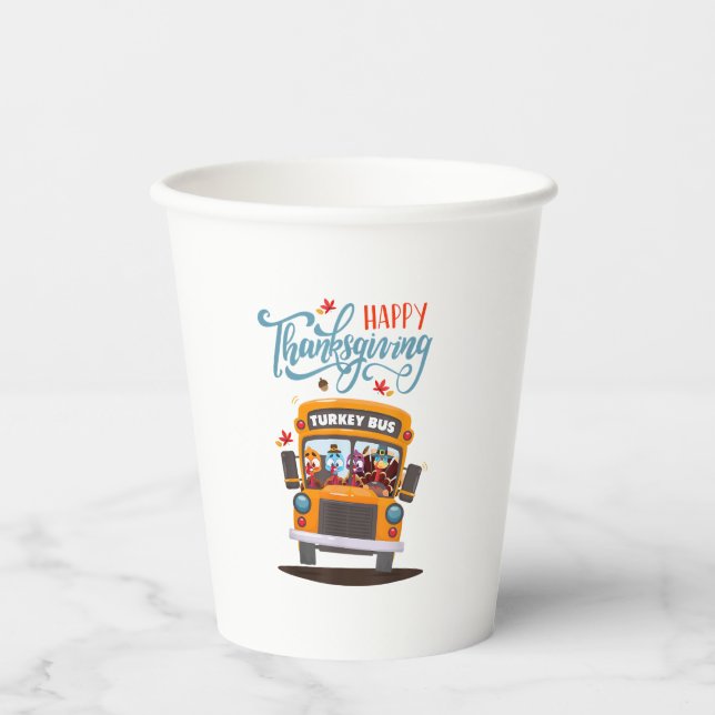 Happy Thanksgiving Fall Turkey Thankful School Bus Paper Cups (Front)