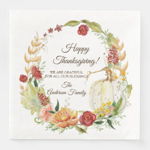 Happy Thanksgiving Fall White Pumpkin Floral Art Napkin