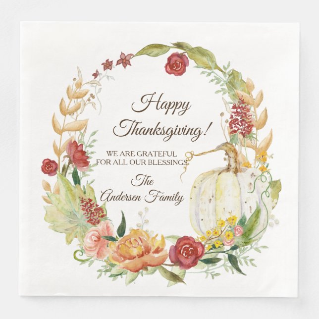 Happy Thanksgiving Fall White Pumpkin Floral Art Napkin (Front)
