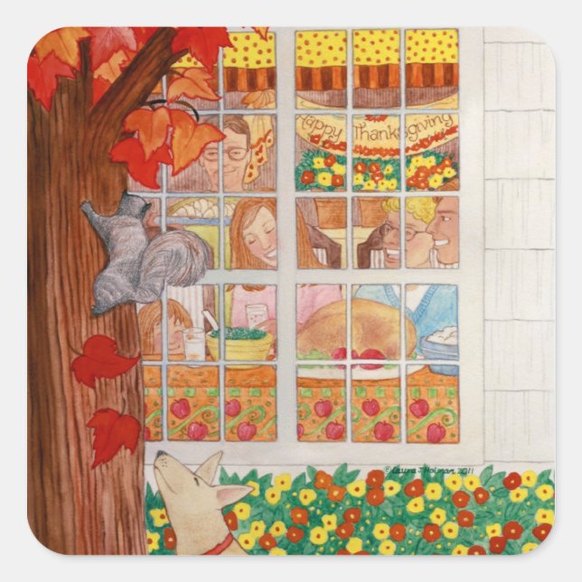 Happy Thanksgiving Family Meal Scene Square Sticker (Front)