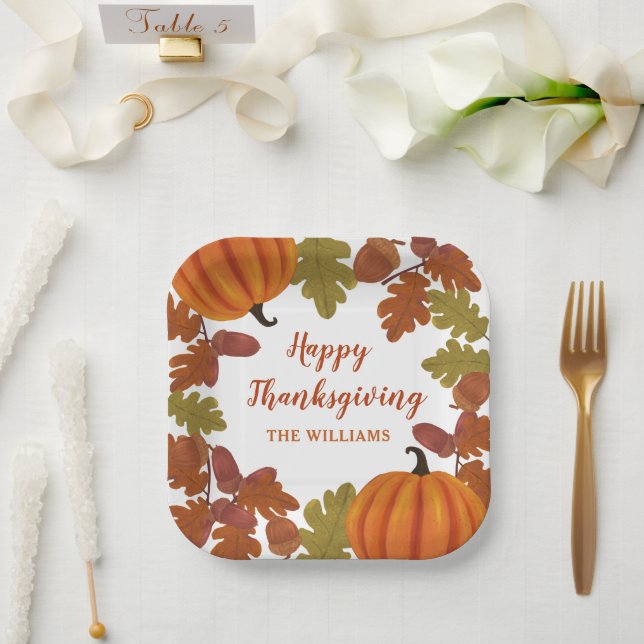 Happy Thanksgiving  Family Name Autumn  Paper Plate (Wedding)