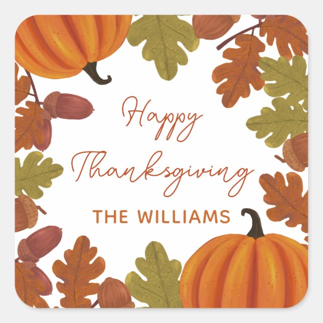 Happy Thanksgiving  Family Name Autumn  Square Sticker (Front)