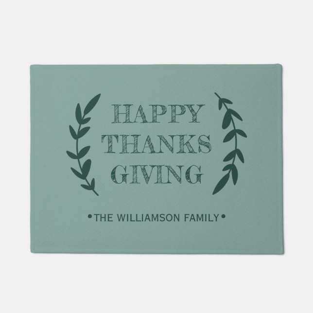 HAPPY THANKSGIVING Family Name Green  Doormat (Front)