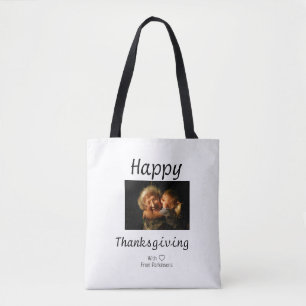 Happy Thanksgiving family name photo black simple Tote Bag