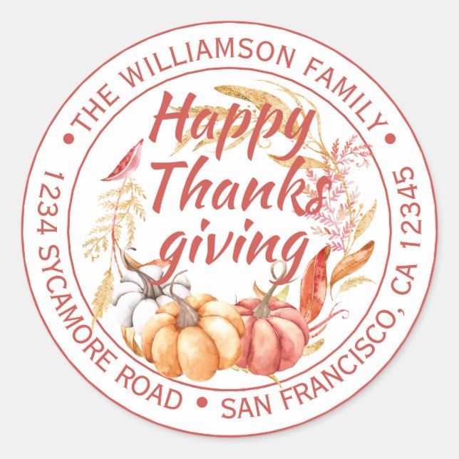 Happy Thanksgiving Family Name Return Address Classic Round Sticker (Front)