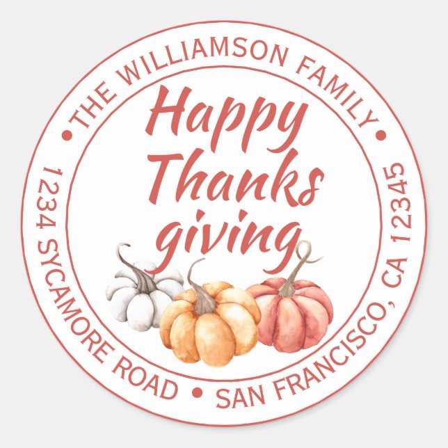Happy Thanksgiving Family Name Return Address Classic Round Sticker (Front)