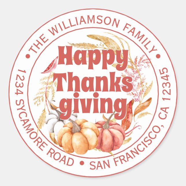 Happy Thanksgiving Family Name Return Address Classic Round Sticker (Front)