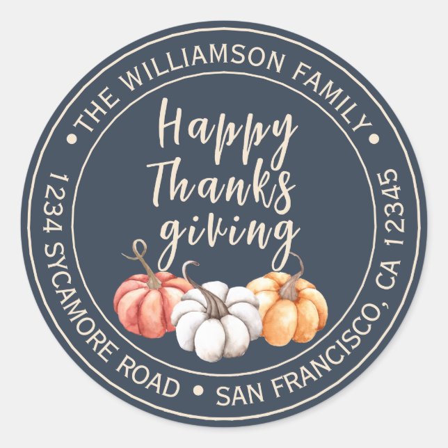 Happy Thanksgiving Family Name Return Address Classic Round Sticker (Front)