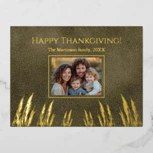 Happy Thanksgiving Family Photo Green Foil Holiday Postcard
