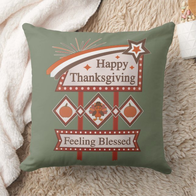 Happy Thanksgiving Feeling Blessed Retro Sign Cushion (Blanket)