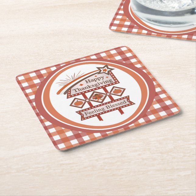 Happy Thanksgiving Feeling Blessed Retro Sign Square Paper Coaster (Angled)