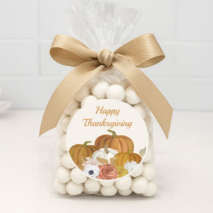 Happy Thanksgiving Floral Burgundy Orange Pumpkins Classic Round Sticker