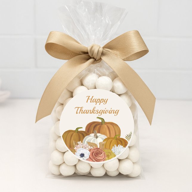 Happy Thanksgiving Floral Burgundy Orange Pumpkins Classic Round Sticker (Happy Thanksgiving sticker)