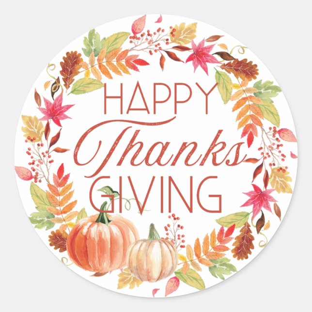 Happy Thanksgiving Floral Fall Wreath Classic Round Sticker (Front)