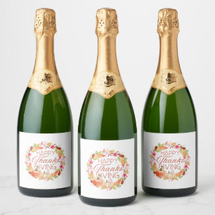 Happy Thanksgiving Floral Fall Wreath Sparkling Wine Label