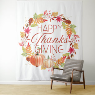 Happy Thanksgiving Floral Fall Wreath Tapestry