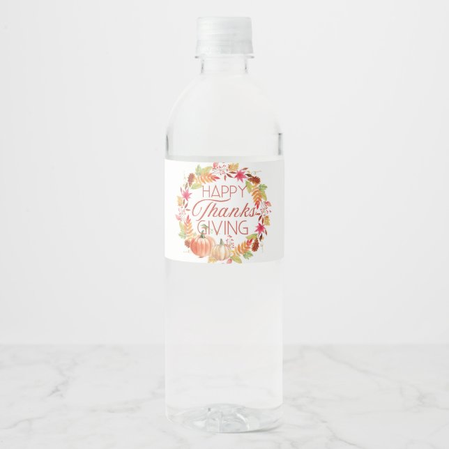 Happy Thanksgiving Floral Fall Wreath Water Bottle Label (Front)