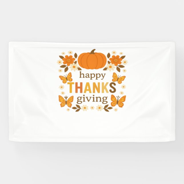 Happy Thanksgiving Floral Pumpkin Classic T-Shirt Banner (Horizontal)