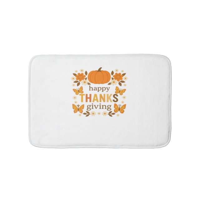 Happy Thanksgiving Floral Pumpkin Classic T-Shirt Bath Mat (Front)
