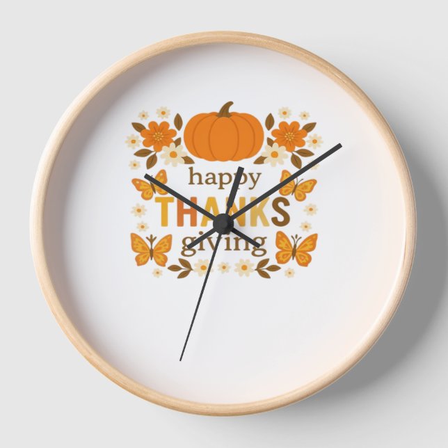 Happy Thanksgiving Floral Pumpkin Classic T-Shirt Clock (Front)