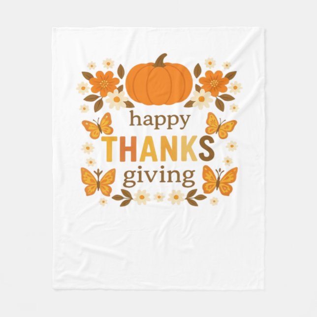 Happy Thanksgiving Floral Pumpkin Classic T-Shirt Fleece Blanket (Front)